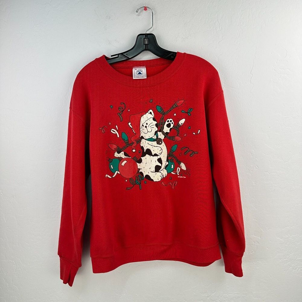 Vintage Delta‎ 50/50 Sweatshirt Women M Red Fleece Long Sleeve Holiday Kitty Cat